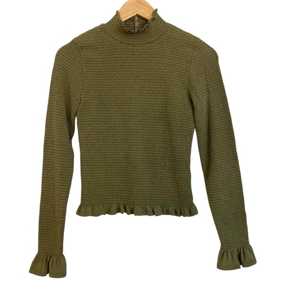 NATION LTD Yael Smocked High Ruffle Neck Top Ozark Green Pima Cotton Cutout Back - Picture 9 of 16